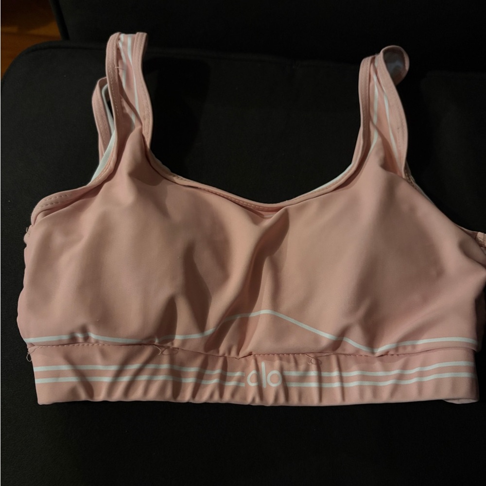 ALO Yoga Pink Sports Bra with White Logo and Stripes